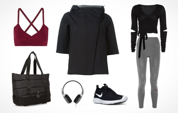 A clothing combination containing a long-sleeved top, leggings, sports bra, jacket, running shoes, bag and headphones